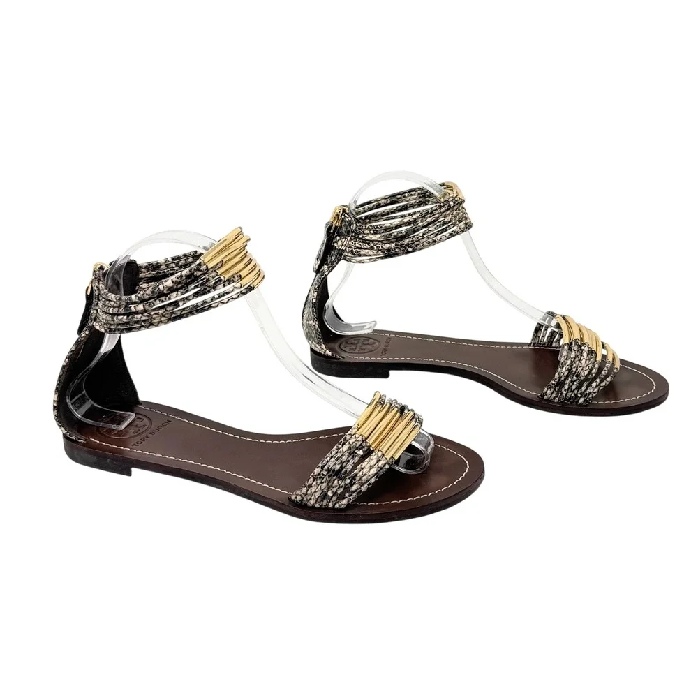 Tory Burch Mignon Ankle Strap Flat Sandals Gold Snake Print Size 8.5